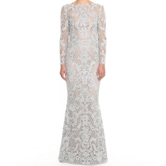 Marchesa: Designer Silver Beaded Embroidered Damask Lace Long Sleeve Gown